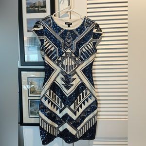 Blue, cream and black sequin evening dress Size Small